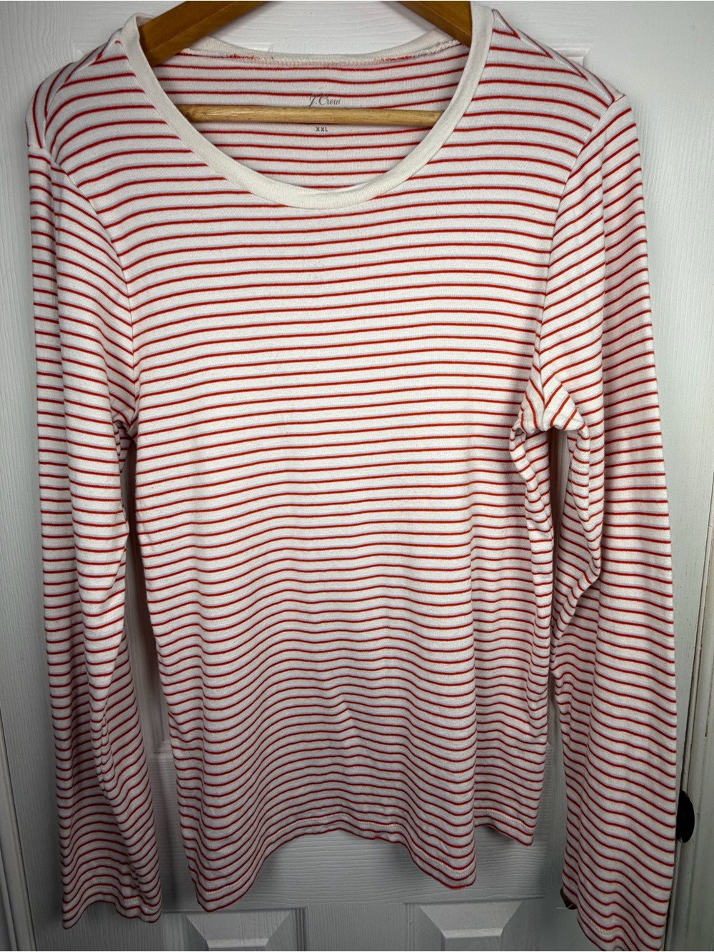 J.Crew Cream Red Light Blue Striped Long Sleeve Tee XXL Preppy Coastal Classic
